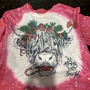 Next Level Apparel Pink and White Raglan Tee with Festive Cow Graphic